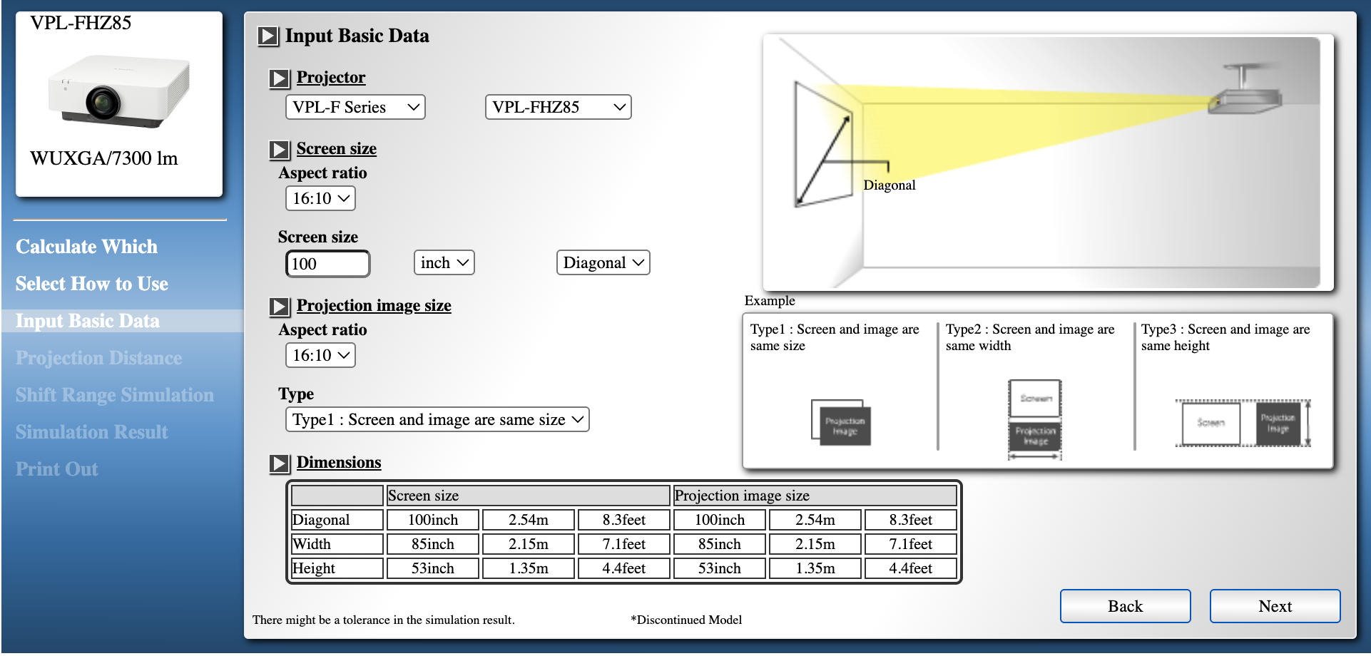 snapshot of the projector simulator and calculator tool